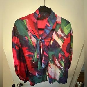New York and Company multi colored button down shirt with tie neck
